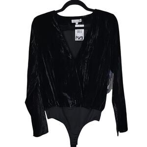 Good American Black Velvet V Neck Bodysuit Top Womens Size Medium NWT